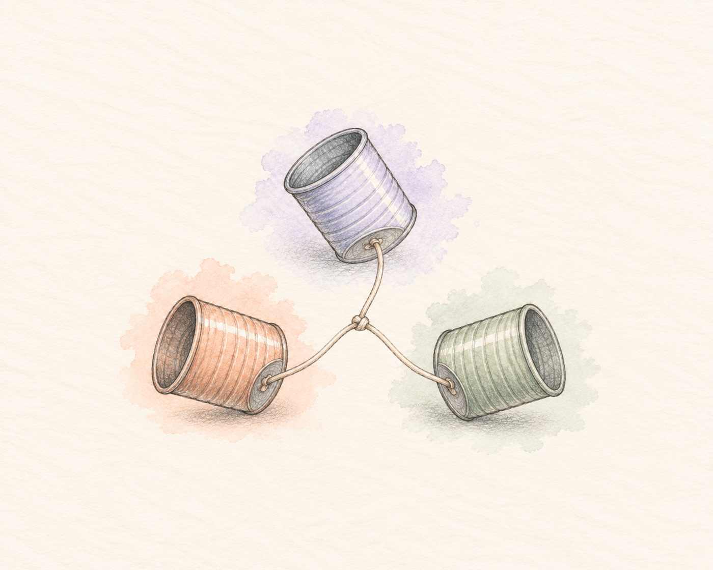 Tinny with a gang of small tins joined by cotton strings