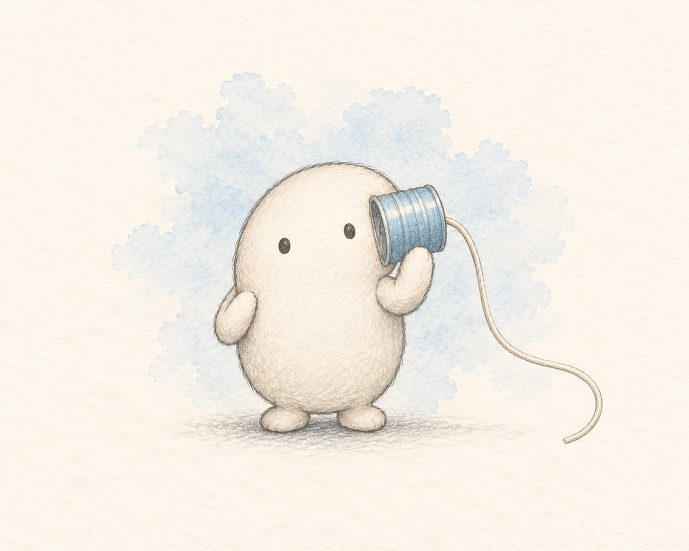Tinny, a little cream creature listening through a blue tin-can earpiece